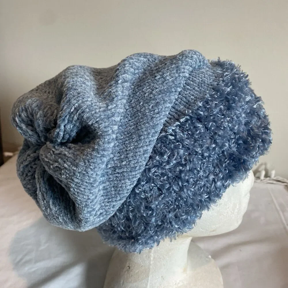 Womens beanie fine Knit lined hat blue slouchy or cuffed faux sherpa brim